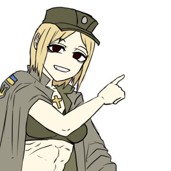 Rule 34 | 1girl, abs, blonde hair, brown eyes, brown jacket, collarbone, crop top, fang, green tank top, grin, jacket, limestone (artist), looking at viewer, marichka, non-web source, original, pointing, russo-ukrainian war, short hair, skin fang, smile, solo, sticker, tank top