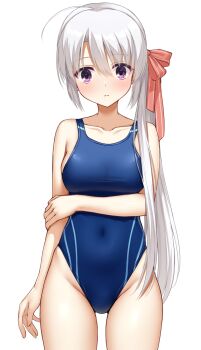 Rule 34 | 1girl, ahoge, ayachi nene, blue one-piece swimsuit, breasts, commentary request, competition swimsuit, covered navel, hair ribbon, highleg, highleg one-piece swimsuit, highres, looking at viewer, medium breasts, ncontrail (mgax7527), one-piece swimsuit, purple eyes, ribbon, sanoba witch, side ponytail, simple background, solo, swimsuit, white background, white hair