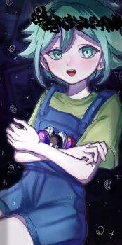 1boy antenna_hair aubrey_(headspace)_(omori) aubrey_(omori) bad_id bad_twitter_id basil_(headspace)_(omori) basil_(omori) black_background blue_overalls blush colored_skin crossed_arms double-parted_bangs green_eyes green_hair green_shirt hair_between_eyes hero_(headspace)_(omori) hero_(omori) highres kel_(headspace)_(omori) kel_(omori) looking_at_viewer male_focus mari_(headspace)_(omori) mari_(omori) omori omori_(omori) open_mouth overall_shorts overalls shirt short_hair short_sleeves sidelocks solo t-shirt teeth tongue upper_teeth_only white_skin yumeututu1111