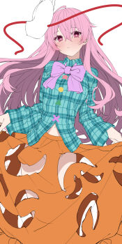 1girl absurdres aqua_shirt blush bow bowtie bubble_skirt closed_mouth hair_between_eyes hata_no_kokoro highres kawai_ritsu_(rits_meg) long_hair long_sleeves looking_at_viewer mask mask_on_head midriff_peek navel orange_skirt pink_bow pink_bowtie pink_eyes pink_hair plaid_clothes plaid_shirt shirt simple_background sketch skirt skirt_cutout skirt_hold solo touhou white_background