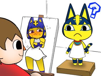 1boy 1girl ? ancient_egyptian ancient_egyptian_clothes animal_crossing animal_ears ankha_(animal_crossing) ankha_zone_(meme) bare_shoulders barefoot black_eyes blue_hair blunt_bangs blush bob_cut body_fur brown_hair canvas_(object) cat_ears cat_girl closed_mouth crossed_arms dress easel eyelashes eyeliner flat_chest highres indoors makeup meme modeling nakineiriko_(dafdafson) nintendo red_shirt shirt sleeveless sleeveless_dress standing standing_on_box striped_tail sweat tail tail_raised villager_(animal_crossing) white_dress yellow_fur
