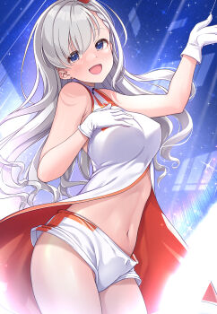 1girl blush breasts dress earrings gloves grey_hair highres hisakawa_hayate idolmaster idolmaster_cinderella_girls jewelry long_hair looking_at_viewer medium_breasts mk_(mod0) navel short_shorts shorts sky sleeveless sleeveless_dress smile solo star_(sky) starry_sky stud_earrings two-tone_dress very_long_hair voy@ger_(idolmaster) wavy_hair white_gloves