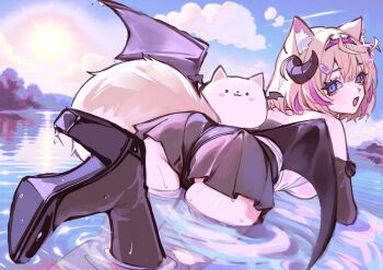 1girl :3 :d alternate_costume animal_ear_fluff animal_ears ass blonde_hair blue_eyes blue_sky crevttt day demon_horns demon_wings dog_ears dog_girl dog_tail from_behind high_heels hololive horns looking_at_viewer mococo_abyssgard open_mouth perroccino_(fuwamoco) pink_streaks sky smile solo tail virtual_youtuber water wings