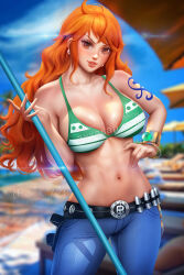 Rule 34 | 1girl, arm tattoo, artist name, ayya sap, bare shoulders, bikini, bikini top only, commentary, denim, earrings, english commentary, english text, green bikini, holding, holding polearm, holding weapon, jeans, jewelry, log pose, long hair, looking at viewer, midriff, nami (one piece), navel, one piece, orange eyes, orange hair, outdoors, pants, pearl earrings, polearm, realistic, smile, solo, swimsuit, tattoo, teeth, watermark, weapon, web address