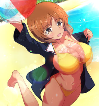 1girl absurdres ball beach beachball bikini blue_jacket bra breasts brown_eyes brown_hair day girls_und_panzer highres jacket jumping kumaisao large_breasts looking_at_viewer navel nishizumi_miho outdoors school_uniform short_hair smile solo swimsuit tan underwear water white_bikini yellow_bra