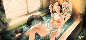 2girls absurdres ahoge bath bathing bathtub bikini brown_hair cecilia_immergreen commentary doll_joints english_commentary gigi_murin green_eyes green_hair grey_hair highres hololive hololive_english joints mazo_kunn multicolored_hair multiple_girls same-sex_bathing shared_bathing swimsuit twintails two-tone_hair virtual_youtuber winding_key yuri