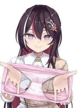 1girl azki_(4th_costume)_(hololive) azki_(hololive) black_hair colored_inner_hair commentary_request hair_between_eyes hair_ornament hairclip highres hirota_masatane holding holding_panties holding_underwear holding_unworn_clothes hololive long_hair multicolored_hair panties pink_hair pink_panties presenting_removed_panties purple_eyes simple_background smile solo streaked_hair underwear virtual_youtuber white_background white_hair
