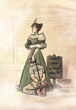 0formant0 1boy 1girl arms_behind_back black_hair blonde_hair commentary cuffs dress elbow_gloves english_commentary femdom gloves green_dress green_hat hat highres kneeling long_hair original panties shackles shirt standing striped_clothes striped_panties striped_shirt underwear white_gloves