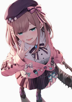 1girl beret black_hat black_pantyhose black_shoes black_skirt blue_eyes brown_hair cardigan center_frills frills hair_ornament hairpin hat highres looking_at_viewer medium_hair nail_polish nijisanji open_mouth pantyhose pink_cardigan pink_nails shirt shoes skirt solo suzuhara_lulu suzuhara_lulu_(1st_costume) virtual_youtuber white_shirt x_hair_ornament yuuri_nayuta