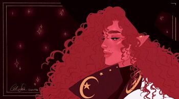 Rule 34 | 1boy, arcanegold, black background, black eyeliner, black hat, black shirt, coat, collared coat, colored skin, crescent print, curly hair, dungeons &amp; dragons, ear piercing, elf, eyelashes, eyeliner, fantasy, gold piercing, half-closed eyes, hat, high collar, implied cuntboy, inset border, light smile, long hair, looking to the side, makeup, mole, mole above mouth, mole under eye, original, outside border, piercing, pink eyes, pink hair, pink skin, pointy ears, portrait, profile, shirt, signature, sparkle background, star (symbol), star print, thick eyebrows, thick lips, turtleneck, wesley (arcanegold), white coat, wizard, wizard hat