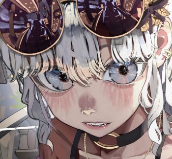 1girl black_choker blush brown-framed_eyewear choker collarbone commentary english_commentary eyewear_on_head grey_eyes grey_hair hani_haya highres lips looking_at_viewer o-ring o-ring_choker open_mouth original short_hair solo sunglasses teeth upper_body