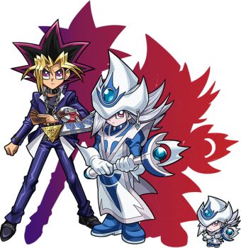 1boy 1girl black_choker black_shirt blonde_hair blue_jacket blue_pants card chain chibi choker duel_disk duel_monster gloves grey_hair holding holding_card holding_wand jacket long_hair millennium_puzzle monster_strike multicolored_hair muto_yugi official_art pants purple_eyes shirt silent_magician silent_magician_lv4 tabard wand white_gloves white_tabard yu-gi-oh!