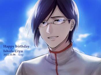1046sstep_btoh 1boy backlighting black_hair bleach blue_eyes blue_sky character_name cloud commentary_request dated glasses happy_birthday ishida_uryuu jacket male_focus portrait signature sky smile solo white_jacket