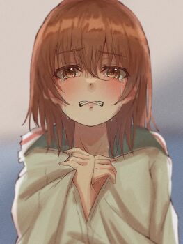 1girl brown_eyes brown_hair clenched_teeth commission crying crying_with_eyes_open hair_between_eyes hair_down halya_meri highres jacket jacket_on_shoulders looking_at_viewer medium_hair misaka_mikoto skeb_commission solo straight-on tears teeth toaru_kagaku_no_railgun toaru_kagaku_no_railgun_t toaru_majutsu_no_index upper_body