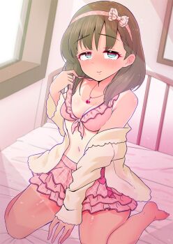 1girl bikini blue_eyes breasts brown_hair commentary_request frilled_bikini frills higurashi_aki idolmaster idolmaster_cinderella_girls jewelry looking_at_viewer navel necklace on_bed one-piece_tan pink_bikini sakuma_mayu short_hair sitting small_breasts solo swimsuit tan tanline wariza