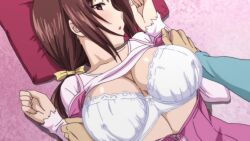 10s 1boy 1girl 2012 animated bouncing_breasts bra bra_pull breasts brown_hair buttons closed_eyes clothes_lift clothes_pull frills kanako_okunaga koiito_kinenbi_the_animation large_breasts long_sleeves nipples ponytail sound tagme underwear undressing vest video waistcoat