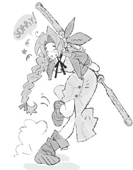 1girl aerith_gainsborough arms_behind_back black_choker blush boots braid braided_ponytail breasts center_opening choker closed_eyes cropped_jacket dress english_text final_fantasy final_fantasy_vii full_body greyscale hair_bobbles hair_ornament hair_ribbon highres holding holding_staff jaysoysaucee long_dress long_hair materia medium_breasts monochrome nervous_smile open_mouth parted_bangs ribbon ribbon_choker short_sleeves sidelocks single_braid smile solo speech_bubble staff sweatdrop white_background