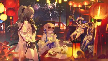 Rule 34 | 1boy, 3girls, aerial fireworks, alcohol, animal ears, arknights, bikini, black shorts, blue bikini, blue camisole, blurry, blurry foreground, breasts, camisole, cat ears, cat girl, cat tail, ceylon (arknights), ceylon (holiday) (arknights), coat, crop top, cup, dim sum, double bun, eyewear on head, fireworks, food, gavial (arknights), gavial the invincible (arknights), gavial the invincible (holiday) (arknights), grey hair, grey shorts, hair bun, hand on own hip, hat, highres, holding, holding cup, jacket, jewelry, lantern, lantern festival, large breasts, leaning back, long hair, minimalist (arknights), minimalist (holiday) (arknights), modare, multiple girls, necklace, night, official alternate costume, open clothes, open coat, open fly, open jacket, open mouth, outdoors, paper lantern, pink hair, plate, pointy ears, ponytail, railing, scarf, schwarz (arknights), short shorts, shorts, sitting, sky, sky lantern, slippers, standing, stomach, sunglasses, swimsuit, table, tail, tank top, teapot, thigh strap, white coat