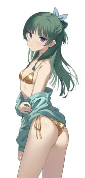 1girl absurdres aqua_shirt arm_at_side ass bikini blue_eyes blue_ribbon blunt_bangs breasts collarbone cowboy_shot gold_bikini golden_week green_hair hair_ribbon half_updo highres holding_own_arm kusuriya_no_hitorigoto long_hair looking_at_viewer looking_to_the_side maomao_(kusuriya_no_hitorigoto) parted_lips profnote ribbon shirt shirt_partially_removed side-tie_bikini_bottom sidelocks simple_background small_breasts solo standing string_bikini swimsuit v-shaped_eyebrows white_background