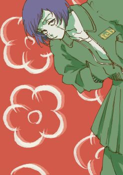 Rule 34 | 1boy, androgynous, arrancar, bleach, bleach: sennen kessen-hen, closed mouth, collarbone, flower print, green jacket, hands in pockets, jacket, kubo tite, looking at viewer, luppi antenor, male focus, official art, pants, purple eyes, purple hair, second-party source, short hair, solo, solo focus, standing, stitched face, stitches, valentine