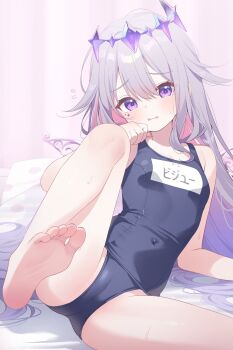 1girl ass barefoot bed_sheet blue_one-piece_swimsuit breasts cameltoe character_name colored_inner_hair covered_navel deyui gradient_hair grey_hair hair_flaps highres holoadvent hololive hololive_english jewel_under_eye koseki_bijou leg_up loli long_hair looking_at_viewer multicolored_hair one-piece_swimsuit open_mouth pink_hair purple_eyes purple_hair school_swimsuit sidelocks small_breasts soles solo swimsuit very_long_hair virtual_youtuber wavy_mouth