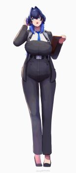 1girl absurdres belt blue_eyes blue_hair blue_necktie cellphone collarbone commentary english_commentary erasorpepero full_body hair_between_eyes hair_intakes highres holding holding_phone hololive hololive_english necktie office_lady open_mouth ouro_kronii overalls phone shoes signature simple_background smartphone solo standing virtual_youtuber white_background