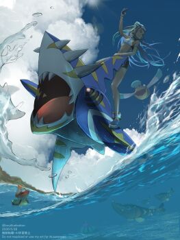 1girl absurdres arm_up armband barraskewda bikini black_hair blue_hair bo_(bouillustration) chewtle cloud commentary_request earrings full_body gen_3_pokemon gen_8_pokemon happy highres hoop_earrings jewelry looking_to_the_side mega_pokemon mega_sharpedo multicolored_hair nessa_(pokemon) nintendo oceean open_mouth pelipper pokemon pokemon_(creature) pokemon_sword_and_shield riding riding_pokemon sandals sharp_teeth sharpedo sky standing swimsuit teeth water waves