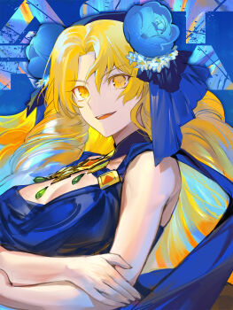 1girl astraea_(fate) astraea_(first_ascension)_(fate) bare_shoulders blonde_hair blue_dress blue_hair blue_ribbon breasts cleavage dress drill_hair fate/grand_order fate_(series) flower gradient_hair hair_flower hair_ornament hair_ribbon highres jewelry large_breasts long_hair looking_at_viewer multicolored_hair necklace open_mouth parted_bangs quad_drills ribbon smile solo suzuhi_(fullprayer) very_long_hair yellow_eyes