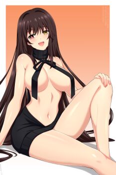 1girl alternate_breast_size backwards_virgin_killer_sweater bare_shoulders black_sweater blush breasts brown_hair date_a_live dress hand_on_own_knee heterochromia highres knee_up large_breasts lindaroze long_hair looking_at_viewer naked_sweater navel open_mouth red_eyes ribbed_sweater sideboob sitting smile solo sweater sweater_dress tokisaki_kurumi virgin_killer_sweater yellow_eyes