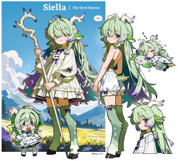 1girl absurdres ahoge animal_ears bare_back bow bow_legwear braid breasts chibi closed_eyes cloud cloudy_sky day dress dress_bow embarrassed field flower flower_field frilled_dress frills from_side full_body fur_thighhighs goat_ears goat_girl goat_tail grass green_eyes green_hair hair_over_eyes hepari highres holding holding_staff hooves horizontal_pupils horns leaf_bra leaf_clothing long_hair looking_at_viewer messy_hair mountain mountainous_horizon multicolored_hair multiple_braids multiple_views original purple_hair short_dress sky sleeping small_breasts smile solo staff surprised tail thighhighs upper_body wavy_mouth zettai_ryouiki zzz