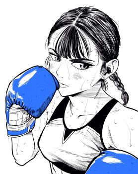 1girl abs blue_gloves boxing boxing_gloves braid breasts commentary_request fighting_stance gloves highres lee_(dragon_garou) light_blush lips medium_breasts monochrome original serious solo sports_bra spot_color sweat toned toned_female upper_body very_sweaty