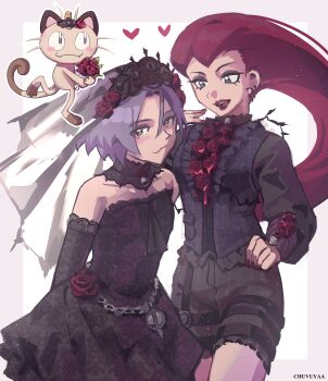 1boy 1girl absurdres ada_mesmer ada_mesmer_(cosplay) ada_mesmer_(everlasting_night) black_dress chuvuyaa cosplay crossdressing crossdressing_(mtf) dress emil_(identity_v) emil_(identity_v)_(cosplay) emil_(luminary)_(identity_v) flower gen_1_pokemon heart highres identity_v james_(pokemon) jessie_(pokemon) looking_at_viewer meowth nintendo pokemon pokemon_(anime) pokemon_(classic_anime) pokemon_(creature) team_rocket trap white_background