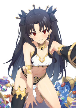 1girl armlet black_hair breasts chahanramen cleavage commentary earrings fate/grand_order fate_(series) hair_ribbon highres ishtar_(fate) jewelry long_hair medium_breasts navel red_eyes ribbon tiara two_side_up