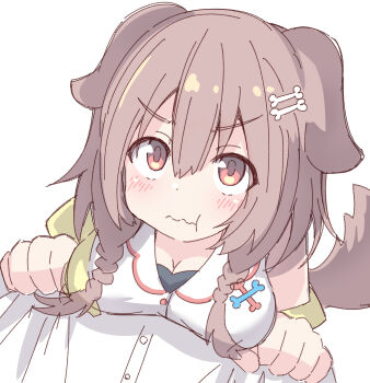 1girl :t animal_ears blush bone_hair_ornament breasts brown_hair cartoon_bone cleavage closed_mouth commentary_request dog_ears dog_girl dog_tail dress hair_ornament highres hololive inugami_korone inugami_korone_(1st_costume) jacket looking_at_viewer medium_breasts off_shoulder open_clothes open_jacket red_eyes shirt simple_background solo tail umberblack upper_body virtual_youtuber wavy_mouth white_background white_dress white_shirt yellow_jacket
