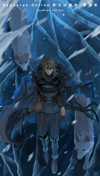 1boy armored_boots belt black_belt black_cloak boots brown_eyes chinese_commentary clenched_hand cloak closed_mouth commentary_request copyright_name dated_commentary earrings from_above frown full_body glacier grey_hair grey_pants grey_shirt hair_between_eyes highres hood hood_down hooded_cloak ice jewelry long_bangs male_focus medium_hair multiple_belts pants ragnarok_online shadow_cross_(ragnarok_online) shirt snowing solo torn_cloak torn_clothes walking wolf wolf_(ragnarok_online) z.i