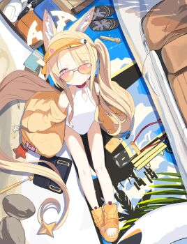 1girl absurdres animal_ear_fluff animal_ears backpack bag bare_shoulders black_slippers blonde_hair blue_archive blush book breasts briefcase car cellphone closed_mouth cloud commentary cross_halo diamond_cutout eyes_visible_through_hair feet folding_umbrella force_(fossan_01) fox_ears fox_girl fox_tail from_above full_body glasses gradient_eyes halo highleg highleg_one-piece_swimsuit highres jacket lanyard leotard loli long_hair long_sleeves looking_at_viewer looking_up microphone motor_vehicle multicolored_eyes off_shoulder official_alternate_costume official_alternate_hairstyle one-piece_swimsuit open_clothes orange-tinted_eyewear orange_shoes outdoors phone sand sandals seashell seia_(blue_archive) seia_(swimsuit)_(blue_archive) shell shoes side_ponytail sitting slippers small_breasts smartphone solo star_(symbol) sunglasses swimsuit tail tail_ornament thighs tinted_eyewear toes very_long_hair very_long_tail visor_cap water white_one-piece_swimsuit yellow_halo yellow_jacket yellow_sandals yellow_visor