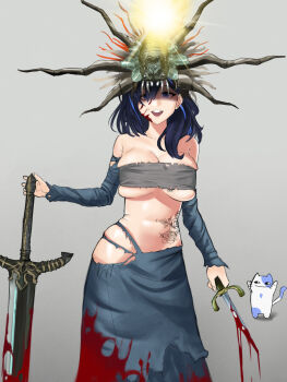 ayase_yuu blood breasts clothing_cutout dagger dark_souls_(series) dark_souls_i fromsoftware headgear heiz_illust highres hip_vent knife large_breasts midriff phase_connect skindentation sword underboob virtual_youtuber weapon