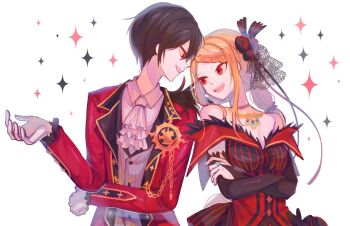 1boy 1girl :d ascot bare_shoulders black_hair blonde_hair braid braided_bangs breasts bridal_gauntlets brother_and_sister cleavage collared_shirt crossed_arms detached_sleeves dress flower formal_clothes gloves grey_gloves hair_flower hair_ornament highres jacket jewelry kkfof7 long_hair long_sleeves looking_at_another necklace off-shoulder_dress off_shoulder open_mouth priscilla_barielle re:zero_kara_hajimeru_isekai_seikatsu red_dress red_eyes ring rose shirt short_hair siblings simple_background smile sparkle strapless strapless_dress striped_clothes striped_dress upper_body vest vincent_vollachia white_ascot white_background white_gloves white_shirt