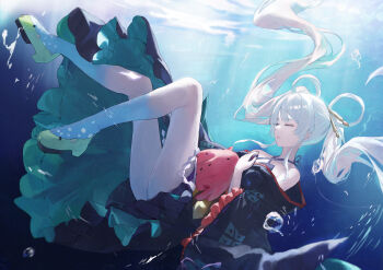 Rule 34 | 1girl, :o, absurdres, ass peek, black kimono, black skirt, block heels, cho kaguya-hime!, closed eyes, commentary request, day, double-parted bangs, floating hair, full body, green shoes, high heels, highres, japanese clothes, jianjia, kimono, long hair, long sleeves, miniskirt, ocean, off shoulder, parted lips, pleated skirt, runami yachiyo, shoes, sinking, skirt, solo, twintails, underwater, white hair, wide sleeves