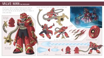 1boy absurdres axe character_name character_profile commentary english_commentary english_text extendable_limbs fire_axe fire_helmet fire_hydrant firefighter full_body highres hose humanoid_robot looking_at_viewer male_focus mega_man:_dual_override mega_man_(classic) mega_man_(series) mega_man_robot_master_design_contest met_(mega_man) motion_blur original oxygen_mask pointing_out_the_details robot standing throwing typo zen_(jirakun)