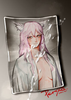 1girl absurdres animal_ears bags_under_eyes blush breasts breasts_apart cat_ears cat_girl character_name closed_mouth coat commentary cum cum_on_object cum_on_picture dated english_commentary female_focus girls&#039;_frontline hair_between_eyes highres lab_coat long_hair long_sleeves looking_at_viewer medium_breasts naked_lab_coat open_clothes open_coat persica_(girls&#039;_frontline) photo_(object) pink_hair radish_p red_eyes signature simple_background smile solo upper_body