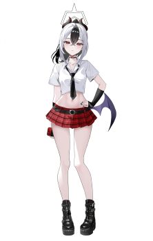 1girl absurdres black_gloves black_hair black_necktie blue_archive demon_girl demon_horns demon_wings fingerless_gloves full_body gloves hand_on_own_hip highres horns kayoko_(blue_archive) long_hair looking_at_viewer multicolored_hair navel necktie red_skirt shirt short_sleeves simple_background skirt solo standing stomach thaba white_background white_hair white_shirt wings