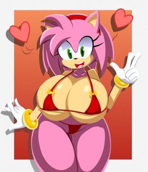 1girl amy_rose animal_ears animal_nose bikini border bracelet breasts collarbone furry furry_female gloves green_eyes hairband heart hedgehog hedgehog_girl huge_breasts jewelry looking_at_viewer medium_hair open_mouth pink_fur polka_dot polka_dot_background red_background red_bikini red_hairband shadow skindentation smile solo sonic_(series) straight-on swimsuit teeth thick_thighs thighs upper_teeth_only v white_border white_gloves yelladrill