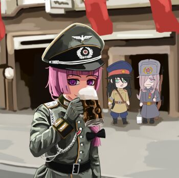 alcohol bags_under_eyes beer beer_mug belt black_belt black_bow black_hair bocchi_the_rock! bow crossover cup germany gloves green_eyes green_gloves gun hat hiroi_kikuri kuroki_tomoko kurokimoko little_witch_academia military military_hat military_uniform mug multiple_crossover nazi nazi_uniform outdoors parody peaked_cap purple_eyes purple_hair red_eyes red_star rifle scene_reference soviet star_(symbol) sucy_manbavaran watashi_ga_motenai_no_wa_dou_kangaetemo_omaera_ga_warui! weapon