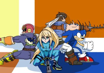 1girl 3boys blonde_hair blue_eyes bodysuit breasts brown_hair captain_falcon castlevania:_rondo_of_blood castlevania_(series) expressionlesbres f-zero gloves grin gun headband helmet highres konami looking_at_another looking_at_viewer metroid multiple_boys nintendo ponytail richter_belmont samus_aran sega smile sonic_(series) sonic_the_hedgehog super_smash_bros. weapon whip zero_suit