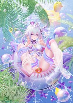1girl absurdres adapted_costume air_bubble apple ball beachball bikini black_tiara breasts bubble castorice_(honkai:_star_rail) chinese_commentary commentary_request dekidd17219 double_v flower food fruit hair_flower hair_ornament highres honkai:_star_rail honkai_(series) innertube large_breasts long_hair looking_at_viewer midriff navel ocean pointy_ears purple_eyes purple_hair rubber_duck soles solo swim_ring swimsuit thighhighs tiara toes v very_long_hair white_bikini white_thighhighs