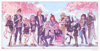 4boys 6+girls absurdres aglaea_(honkai:_star_rail) anaxa_(honkai:_star_rail) animal animal_ear_fluff animal_ears animal_hood aqua_hair black_hair black_hood black_skirt black_vest blonde_hair blue_coat blue_eyes blue_hair blue_pants blue_skirt blue_sky blue_sweater border breasts brown_coat castorice_(honkai:_star_rail) cat_ears cat_girl cat_hood cat_tail cerydra_(honkai:_star_rail) cherry_blossoms chrysos_heirs_(honkai:_star_rail) cipher_(honkai:_star_rail) coat commentary cyrene_(honkai:_star_rail) cyrene_(ripples_of_past_reverie)_(honkai:_star_rail) dan_heng_(honkai:_star_rail) dan_heng_(permansor_terrae)_(honkai:_star_rail) english_commentary evernight_(honkai:_star_rail) green_eyes green_hair green_necktie green_shirt highres holding holding_animal honkai:_star_rail honkai_(series) hood hyacine_(honkai:_star_rail) hysilens_(honkai:_star_rail) large_breasts little_ica_(honkai:_star_rail) long_hair march_7th_(honkai:_star_rail) multicolored_hair multiple_boys multiple_girls mydei_(honkai:_star_rail) necktie outdoors pants papercider pegasus pencil_skirt phainon_(honkai:_star_rail) pink_hair purple_eyes purple_hair red_hair red_necktie school_uniform shirt skirt sky smile sweater tail track_suit tree tribios_(honkai:_star_rail) twintails two-tone_hair very_long_hair vest white_border white_hair white_sweater yoga_pants