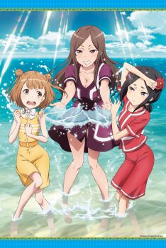 Rule 34 | 3girls, artist request, beatrice (princess principal), black hair, blue eyes, blush, breasts, brown eyes, brown hair, cleavage, closed mouth, dorothy (princess principal), double bun, flower, grin, hair bun, hair flower, hair ornament, highres, large breasts, long hair, multiple girls, ocean, official art, open mouth, outdoors, princess principal, short hair, sky, small breasts, smile, splashing, teeth, toudou chise, upper teeth only