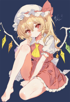 1girl ascot bare_legs barefoot blonde_hair blue_background blush commentary crystal_wings flandre_scarlet frilled_hat frilled_sailor_collar frills hair_between_eyes hat hat_ribbon highres ichiya_refi knee_up looking_at_viewer mob_cap one_side_up pointy_ears puffy_short_sleeves puffy_sleeves red_eyes red_ribbon red_skirt red_vest ribbon sailor_collar shirt short_sleeves signature simple_background sitting skirt solo toes touhou vest white_hat white_shirt wings yellow_ascot
