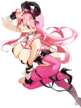 Rule 34 | 1girl, animal ears, arm up, bare shoulders, black hairband, black leotard, black shoes, breasts, chela77, choker, ear piercing, earrings, fake animal ears, fake tail, from side, full body, goddess of victory: nikke, green eyes, hair ornament, hairband, heart, heart earrings, high heels, highres, jewelry, large breasts, leotard, long hair, looking at viewer, looking to the side, mole, mole on breast, nail polish, pantyhose, piercing, pink choker, pink hair, pink nails, pink pantyhose, playboy bunny, rabbit ears, rabbit tail, shoes, simple background, smile, solo, spiked choker, spikes, tail, thigh strap, thighs, velvet (nikke), velvet (sensual rabbit) (nikke), white background, wrist cuffs